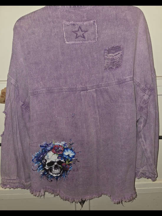POL Jackets & Blazers - POL Purple Distressed Jean Jacket with Floral Skull SzM Runs Oversized